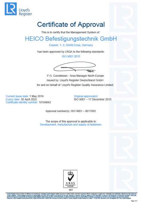 Certificate of Approval ISO 9001 Fastening Systems